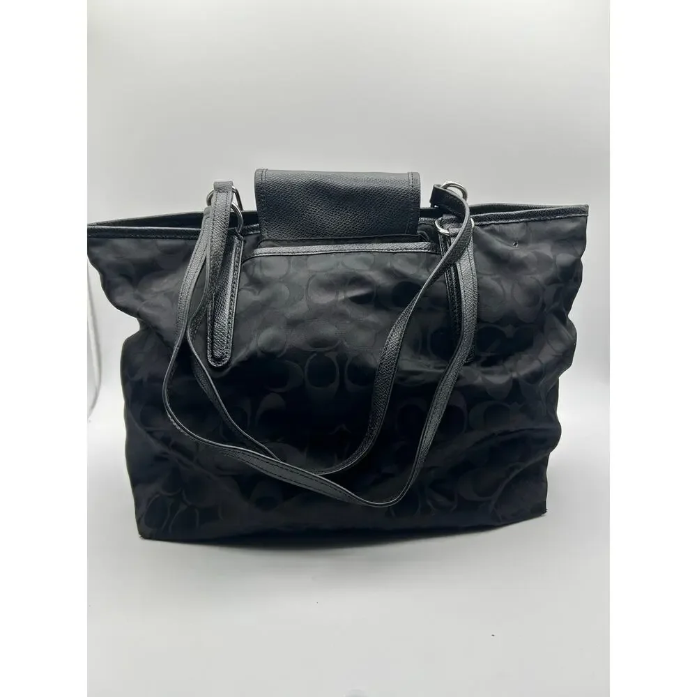 Coach Black Signature C Nylon Tote Leather Trim Shoulder Bag Large Handbag - Picture 4 of 7